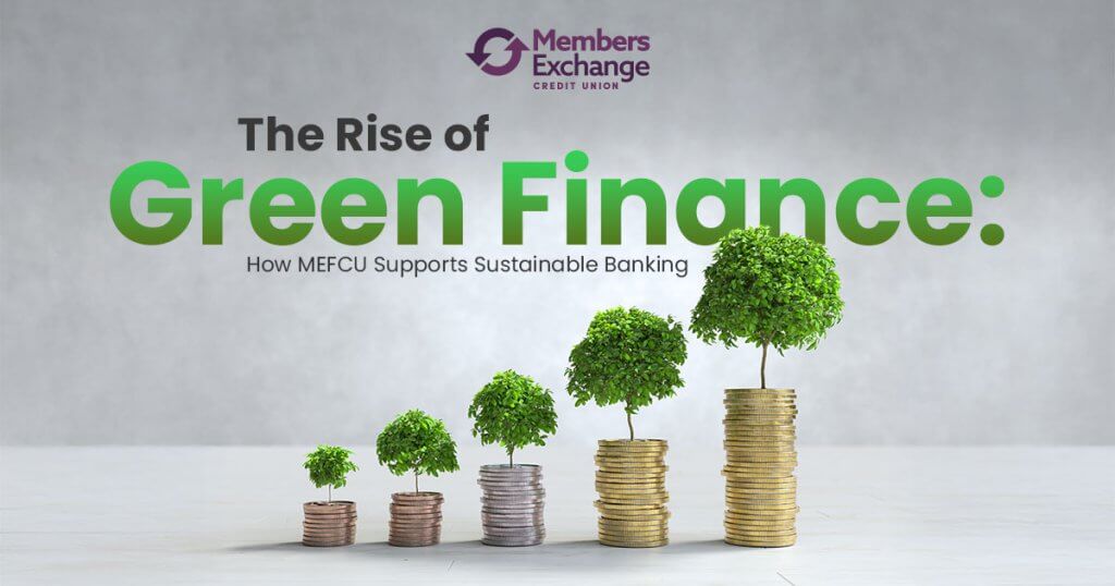 A visual representation of green finance growth, featuring stacks of coins with growing trees symbolizing sustainable banking supported by Members Exchange Credit Union.